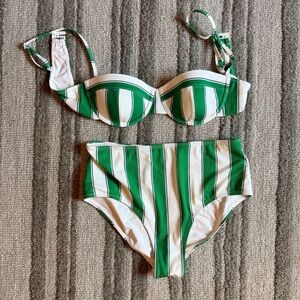 STAUD Green and White Striped Bikini Set S